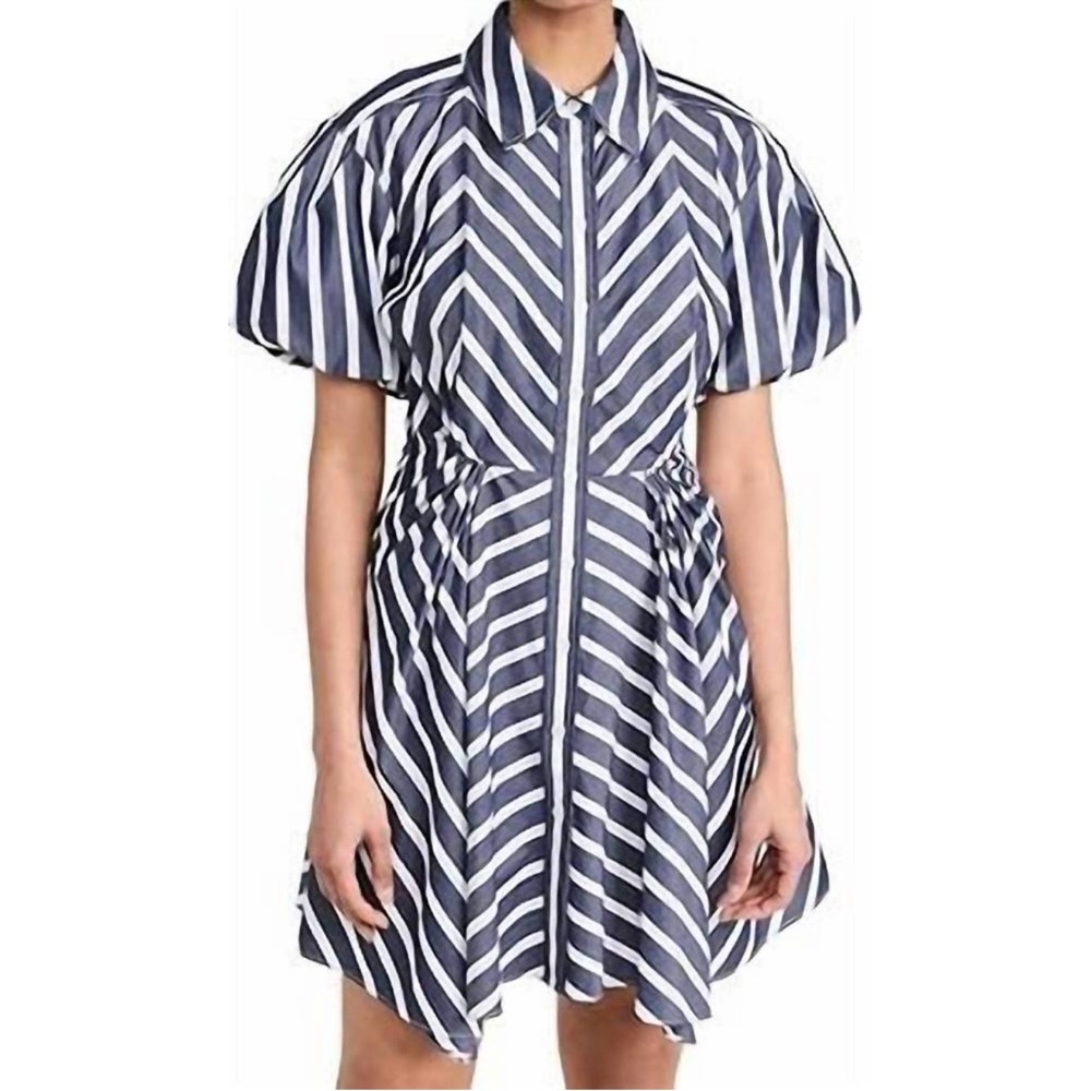 Tanya Taylor Navy & White Stripe Short Puff Sleeve Cotton Shirt Dress sz 10 EUC